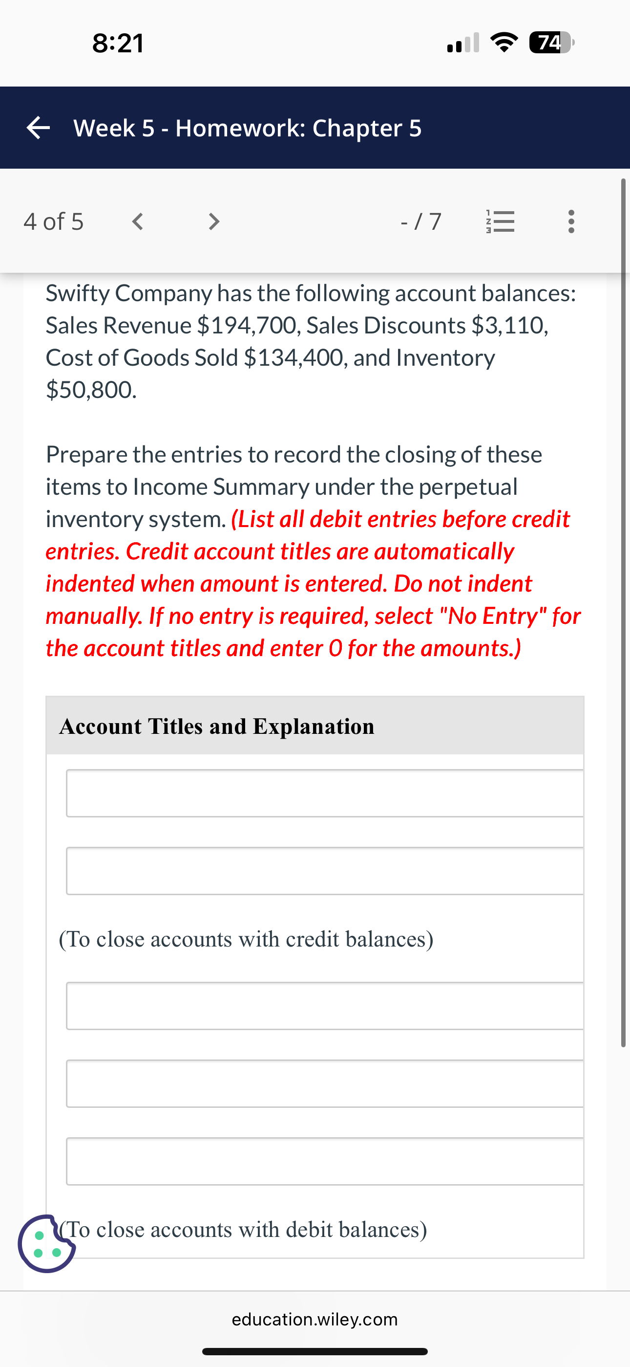 8:21 74 F Week 5 - Homework: Chapter 5 3 of 5 <