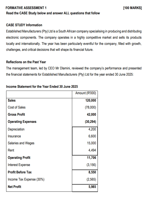 FORMATIVE ASSESSMENT 1 [100 MARKS] Read the CASE