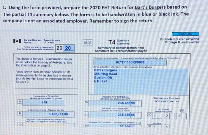 1. Using the form provided, prepare the 2020 EHT