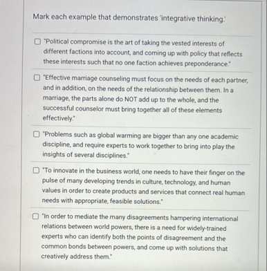 Mark each example that demonstrates 'integrative