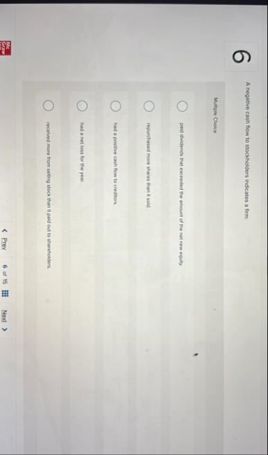 6 A negative cash flow to stockholders indicates