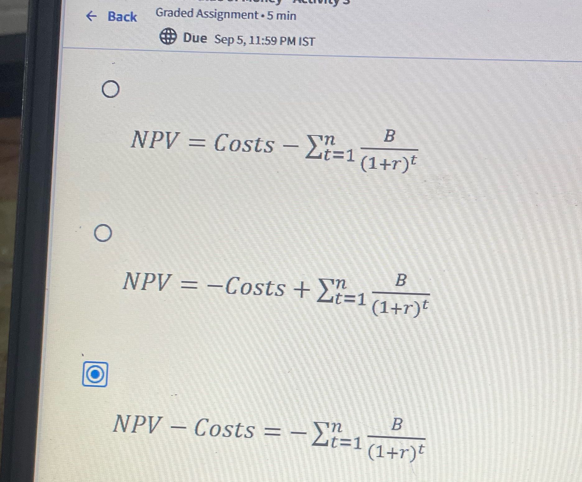 Npv formula Back Graded Assignment . 5 min Due