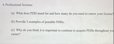 Professional licenses: ( a ) What does PDH stand