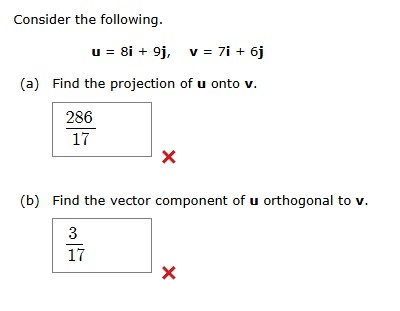 Consider the following. u = 8 i + 9 j , v = 7 i +