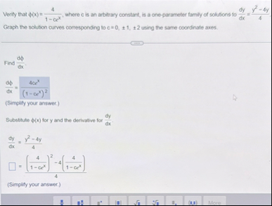 Werity that ( x ) = 4 1 - c e x , where c is an