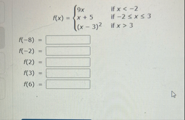 f ( x ) = { 9 x i f x < - 2 x 5 i f - 2 x 3 ( x -