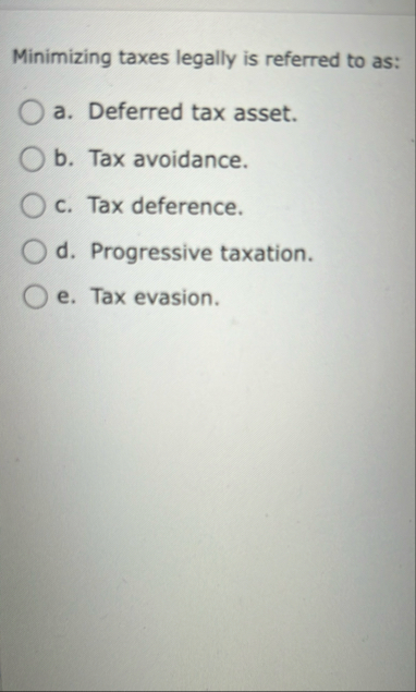 Minimizing taxes legally is referred to as: a .