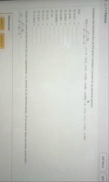 [ - / 1 Points ] Evaluate the function f ( x ) at