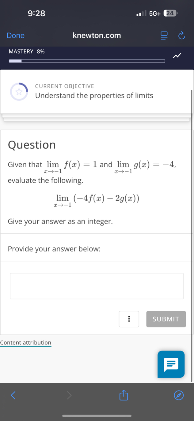 9 : 2 8 5 G 2 4 Done knewton.com MASTERY 8 %