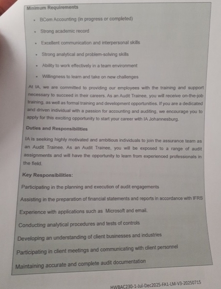 Minimum Requirements BCom Accounting ( in