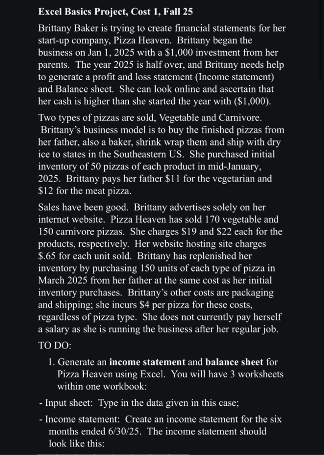 Excel Basics Project, Cost 1 , Fall 2 5 Brittany