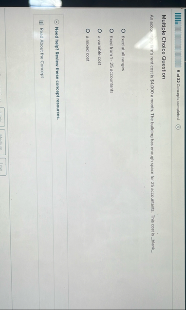 5 of 3 2 Concepts completed Multiple Choice