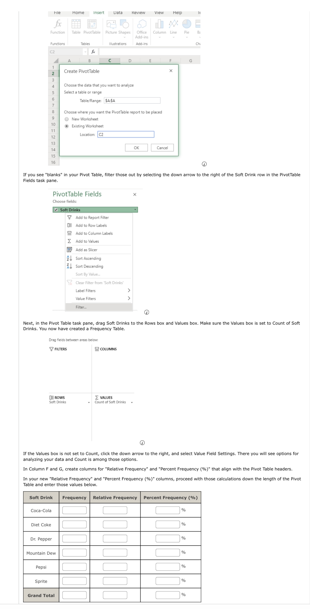create pivot table to fill in all blanks on chart
