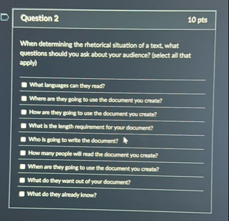 Question 2 1 0 pts When determining the