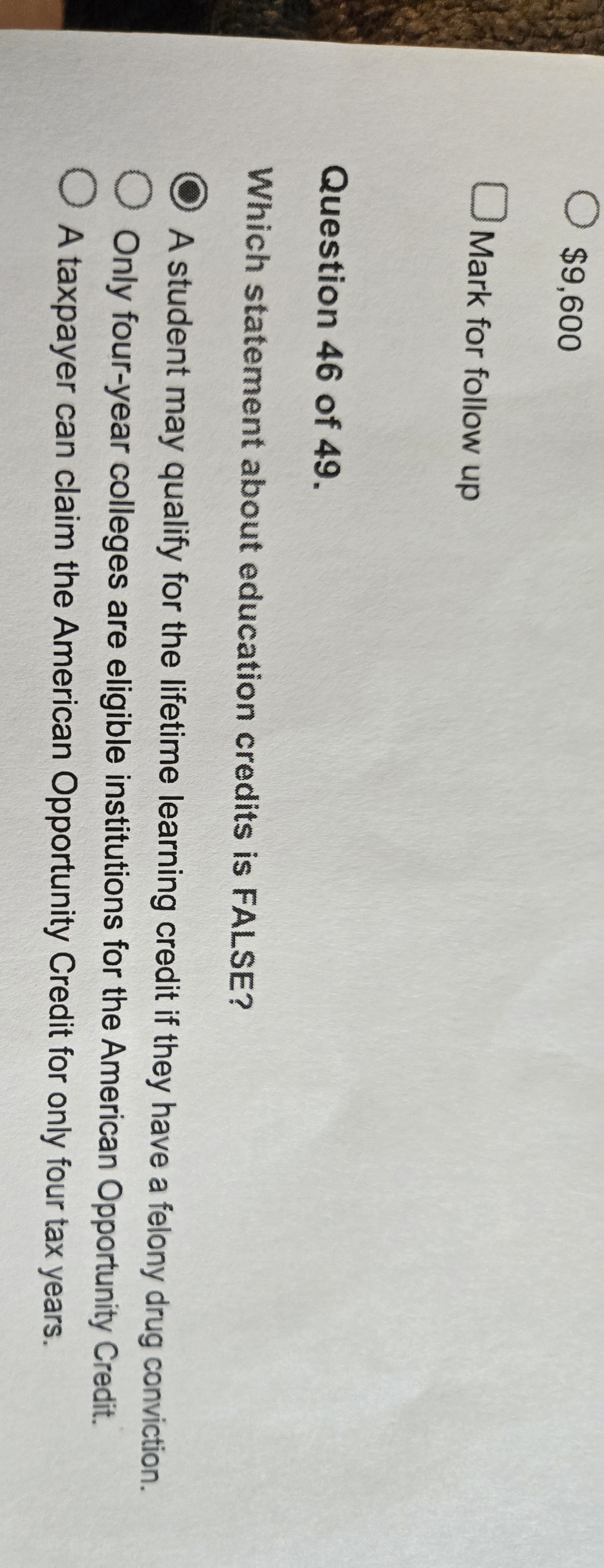 \ $ 9 , 6 0 0 Mark for follow up Question 4 6 of