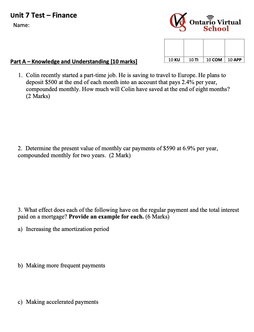 Unit 7 Test Finance VU = ; Ontario Virtual Name: