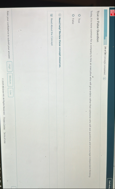 2 9 of 3 8 Concepts completed True or False