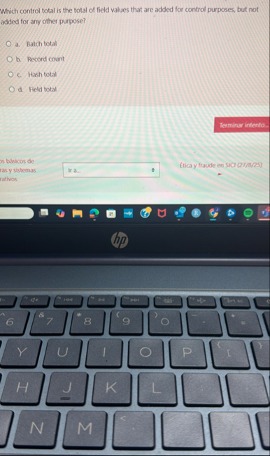 Which control total is the total of field values