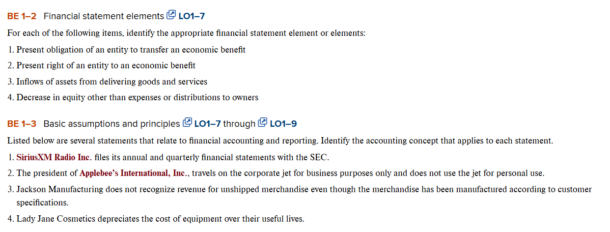 BE 1 - 2 Financial statement elements LO 1 - 7