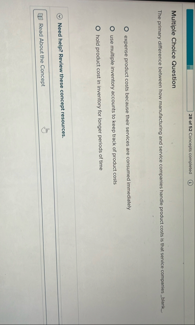 2 8 of 5 2 Concepts completed Multiple Choice