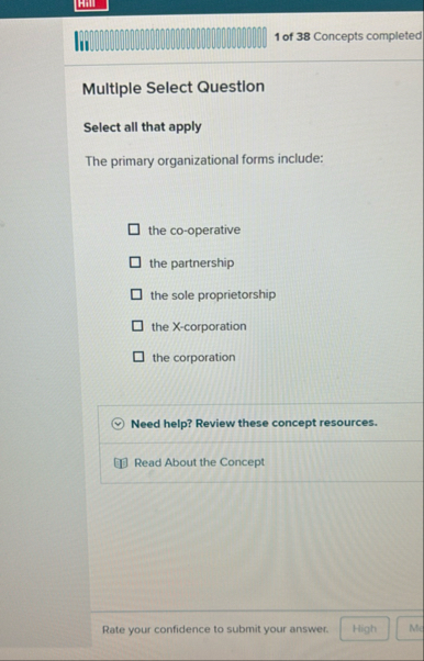 1 of 3 8 Concepts completed Multiple Select