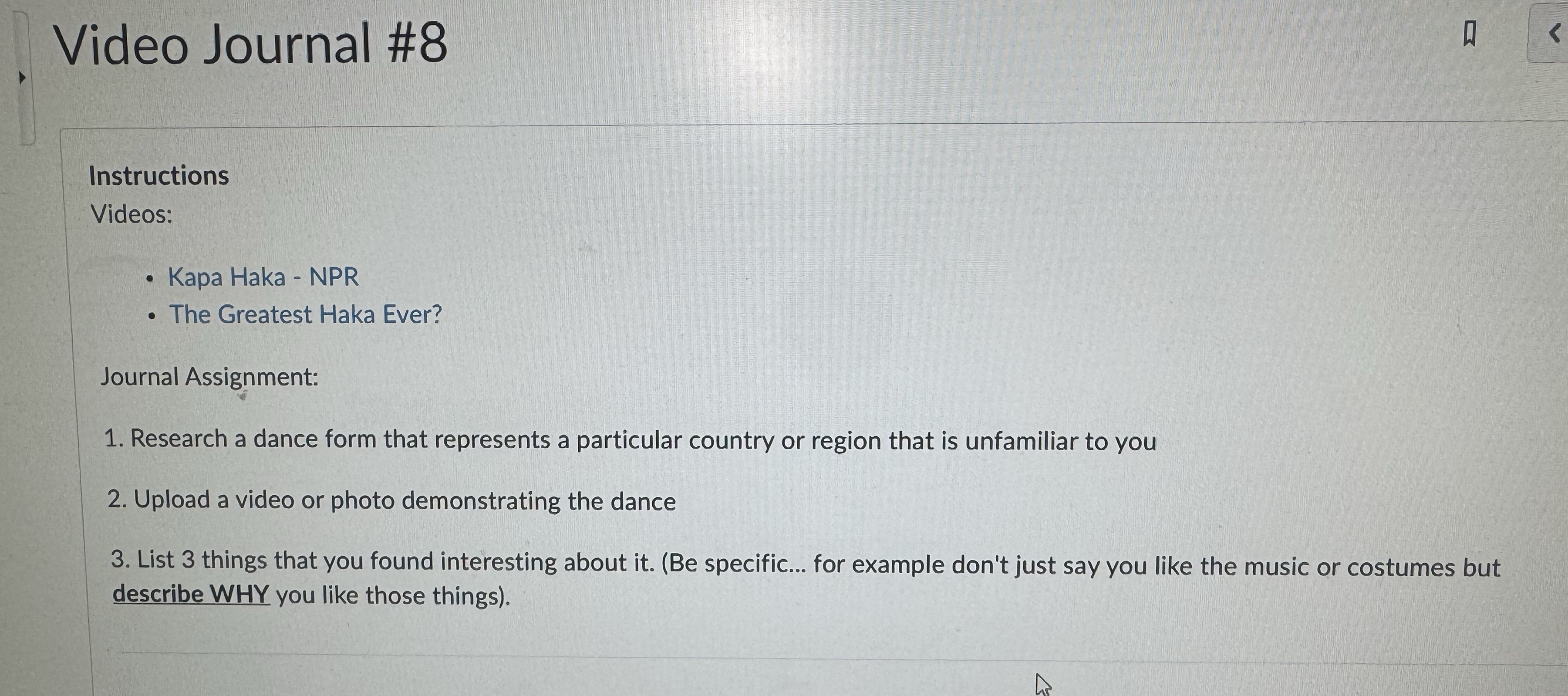 Video Journal #8 K < Instructions Videos: . Kapa