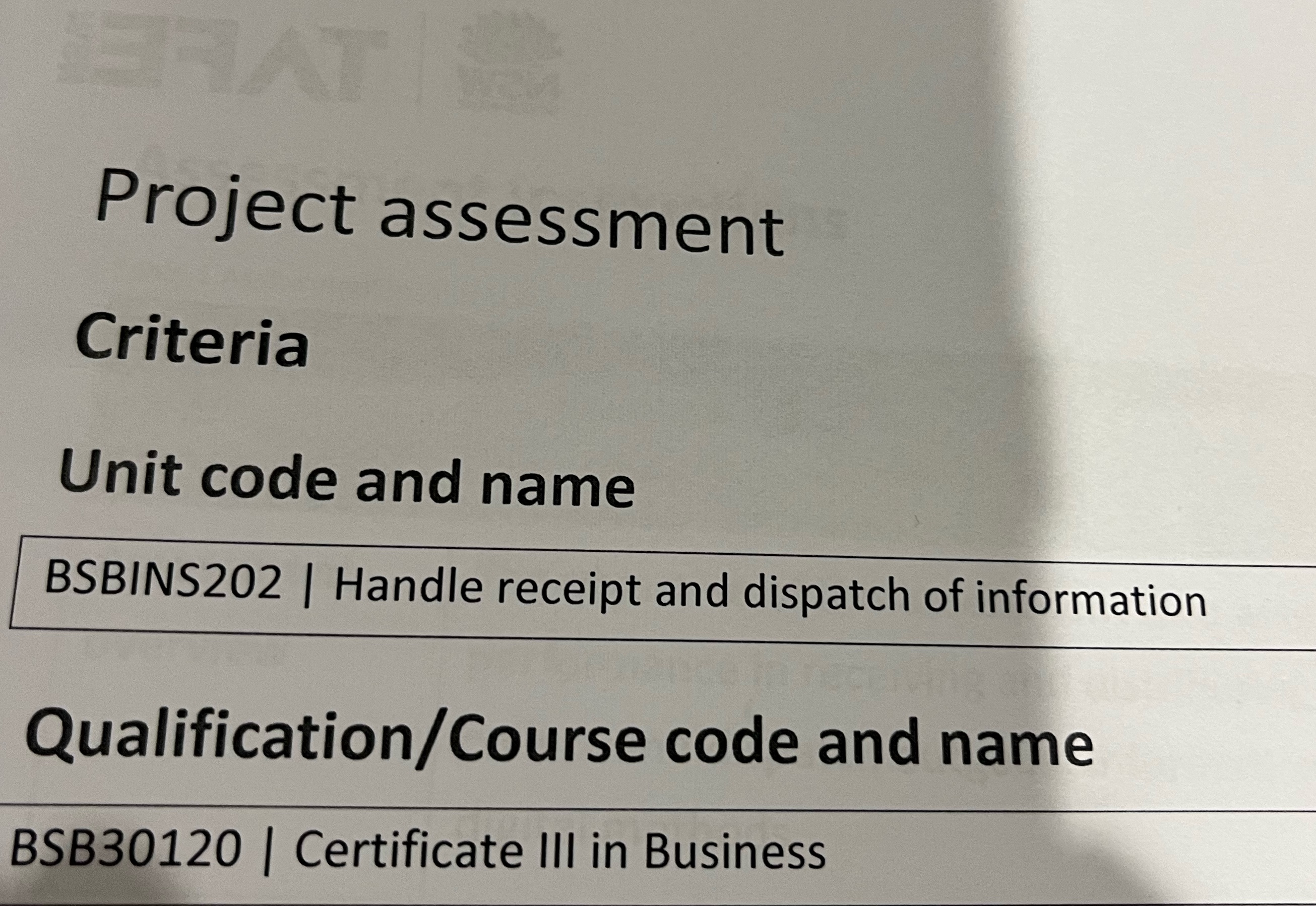 Project assessment Criteria Unit code and name