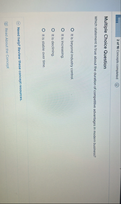 2 of 1 6 Concepts completed Multiple Choice