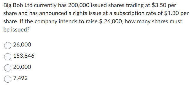 Big Bob Ltd currently has 200,000 issued shares