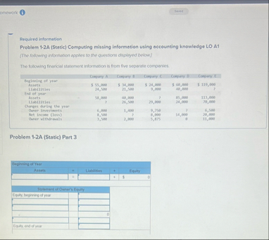 onework 6 Required information Problem 1 - 2 A (
