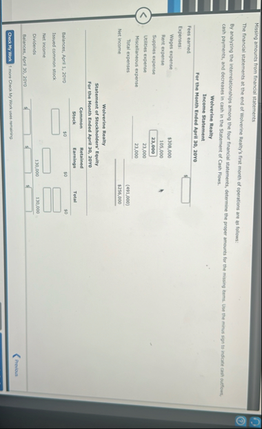 Answer Missing amounts from financial statements