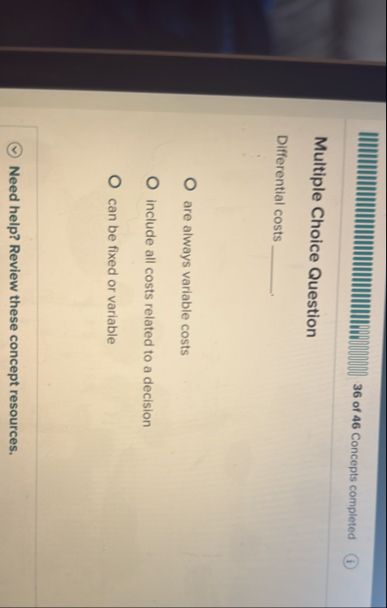 1 0 0 0 0 0 0 0 3 6 of 4 6 Concepts completed