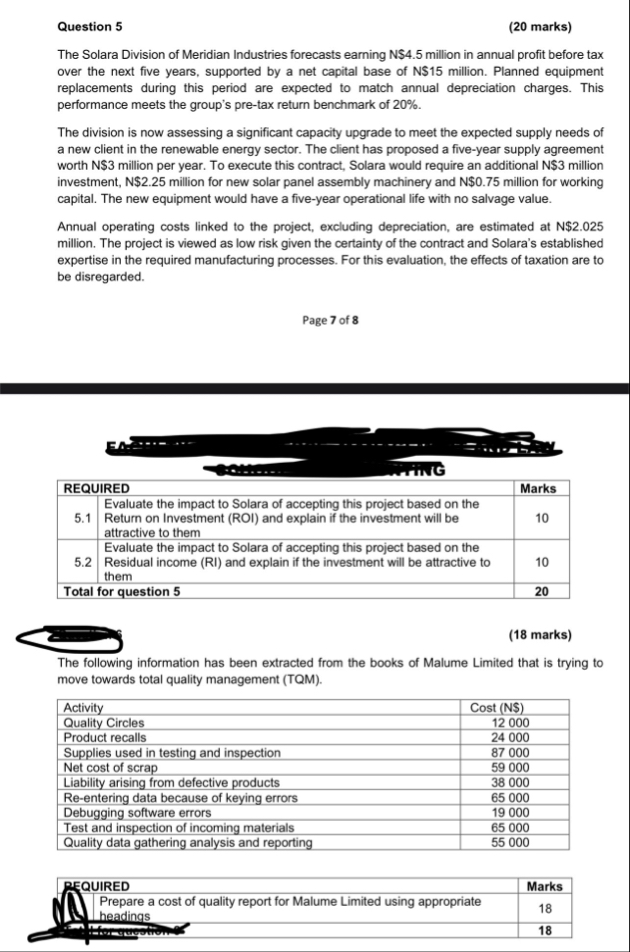 Question 5 ( 2 0 marks ) The Solara Division of