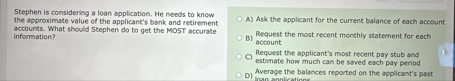 Stephen is considering a loan application. He