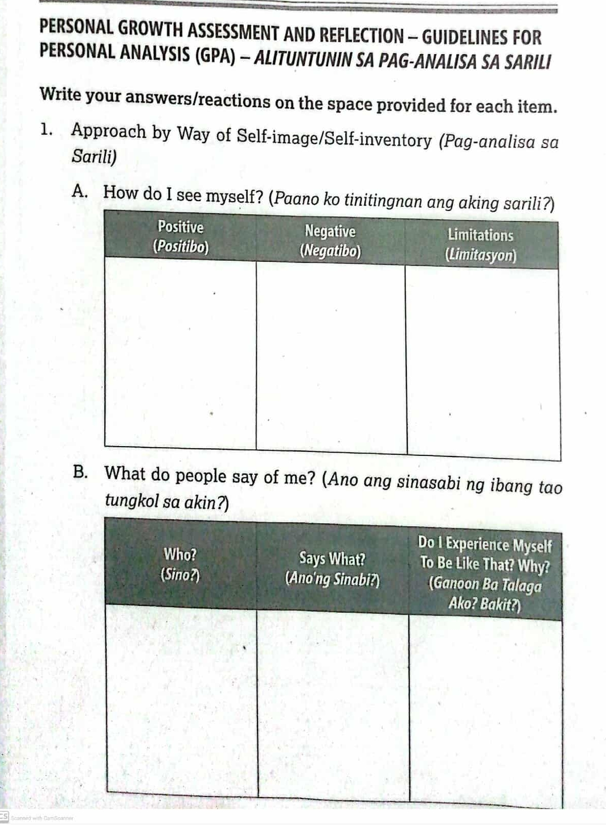 Give me answer PERSONAL GROWTH ASSESSMENT AND