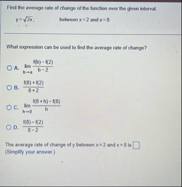 Find the average rate of change of the function