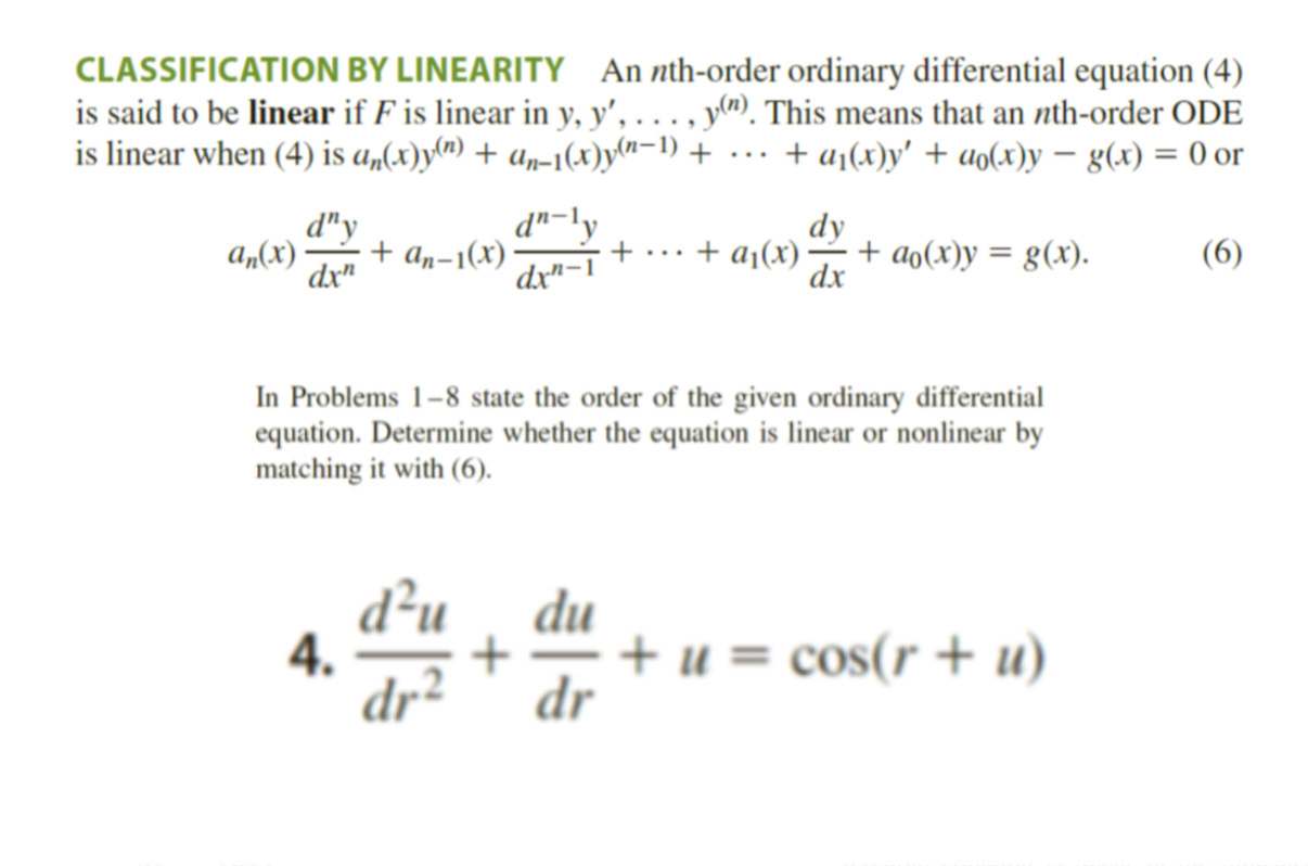 4 . d 2 u d r 2 + d u d r + u = c o s ( r + u )