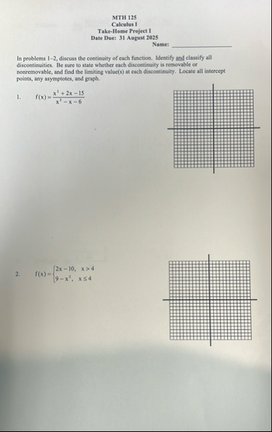 MTH 1 2 5 Calculus I Take - Home Project I Date