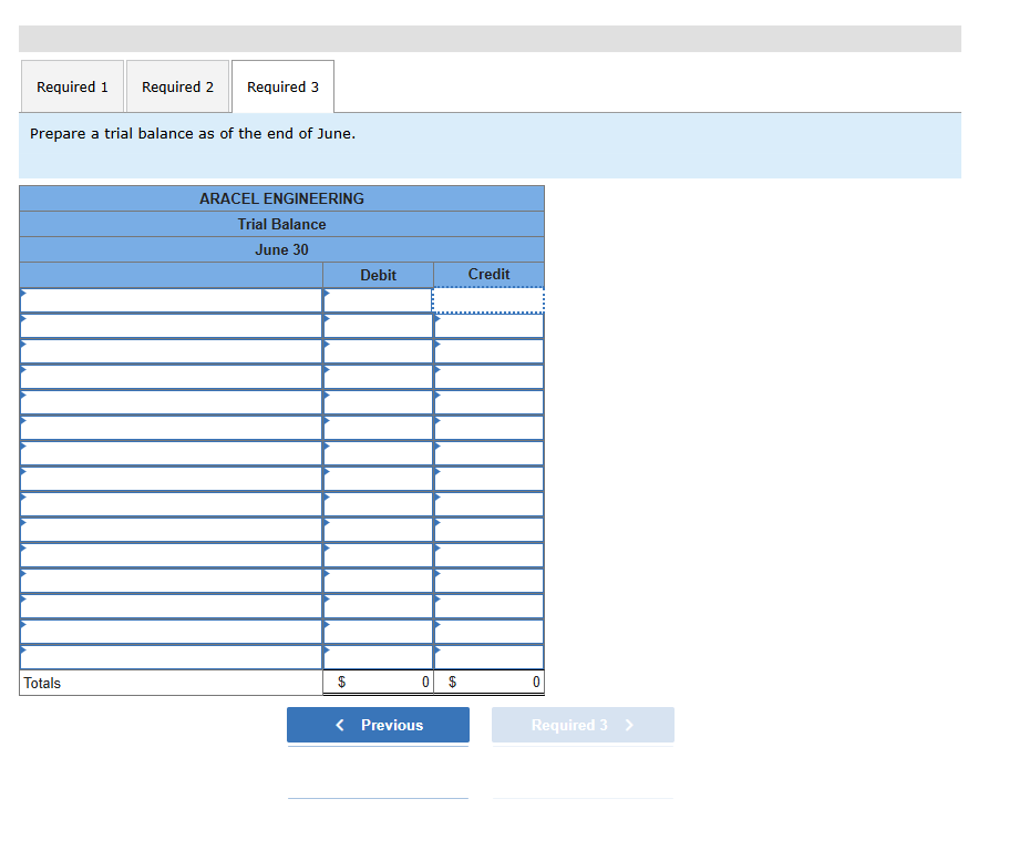 Required 1 Required 2 Required 3 Prepare a trial