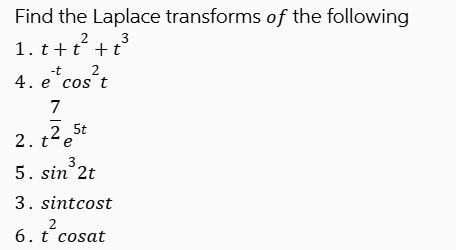 Find the Laplace transforms o f the following 1 .