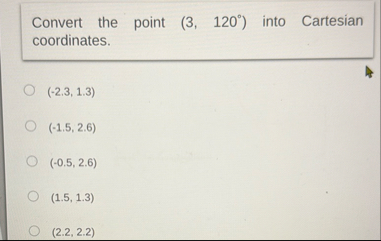 Convert the point ( 3 , 1 2 0 ) into Cartesian