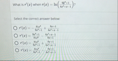 What is r ' ( x ) when r ( x ) = l n ( 9 f 9 1 4