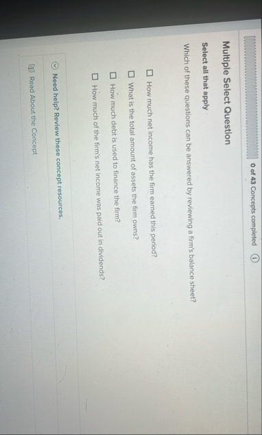 O of 4 3 Concepts completed Multiple Select