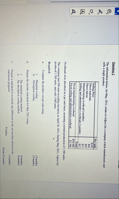 Question 2 The information below, for May, 2 0 1