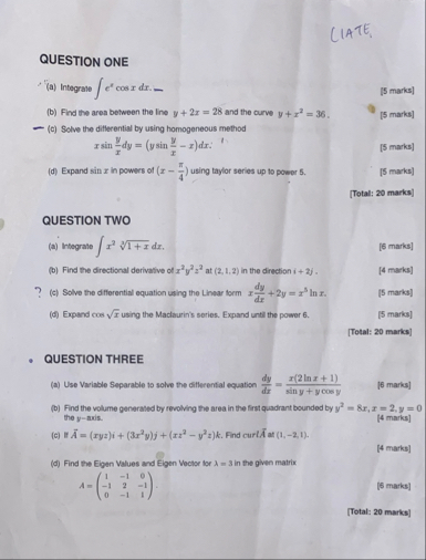 CIATE QUESTION ONE ( a ) Integrate e x c o s x d