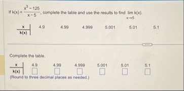 If k ( x ) = x 3 - 1 2 5 x - 5 , complete the