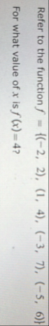 Refer to the function f = { ( - 2 , 2 ) , ( 1 , 4