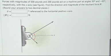 Forces with magnitudes of 5 0 0 pounds and 2 0 0