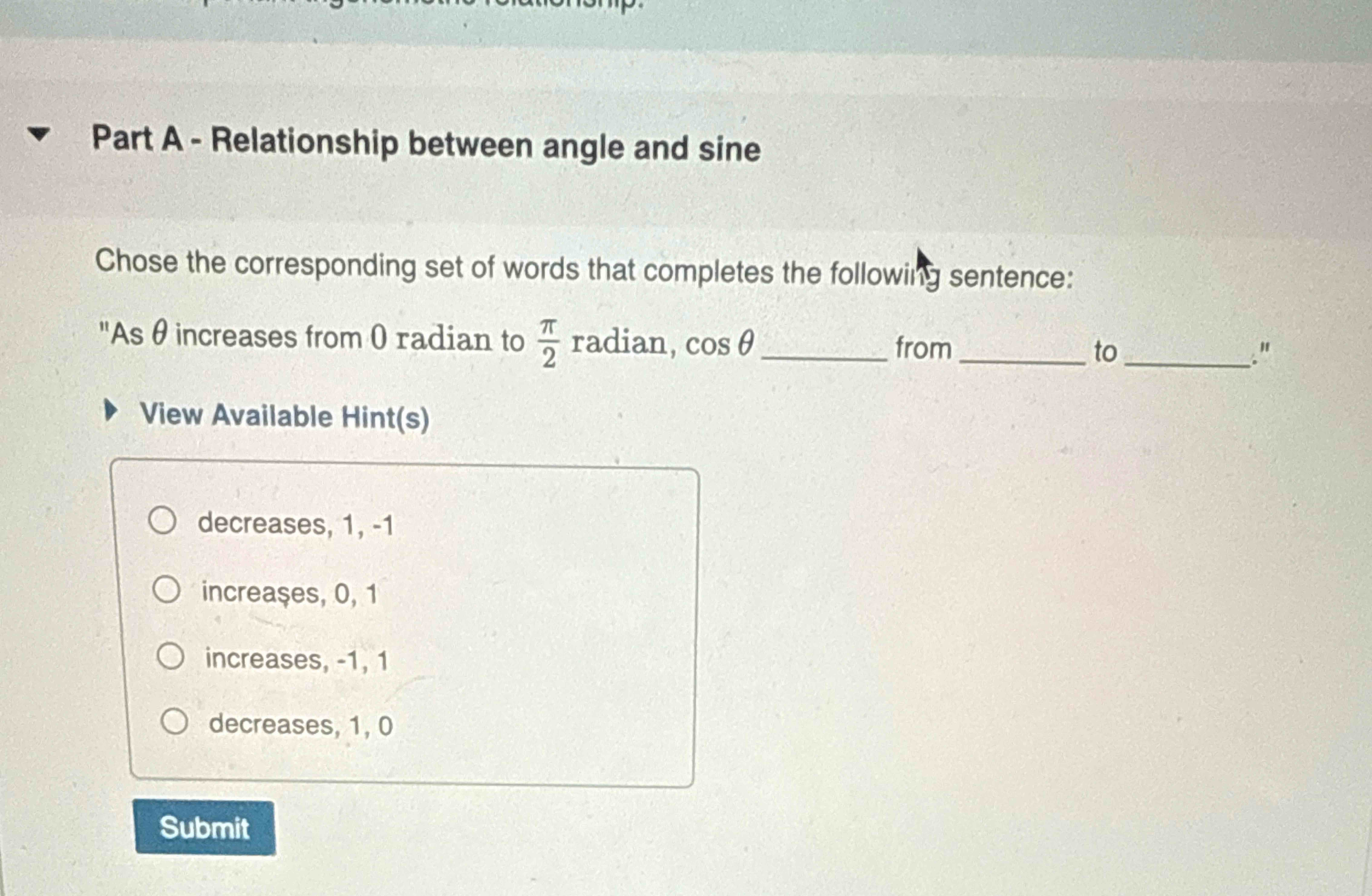 Part A - Relationship between angle and s i n e
