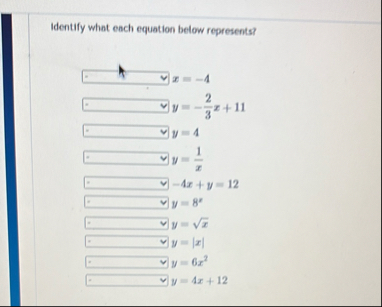 x = - 4 qquad y = - ( 2 ) / ( 3 ) x 1 1 qquad y =